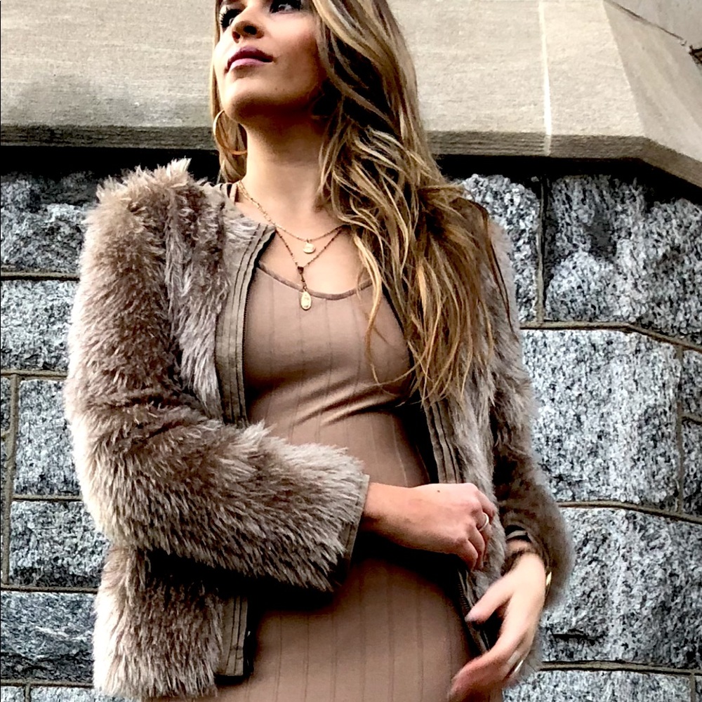 Tan Faux Fur Zippered Coat